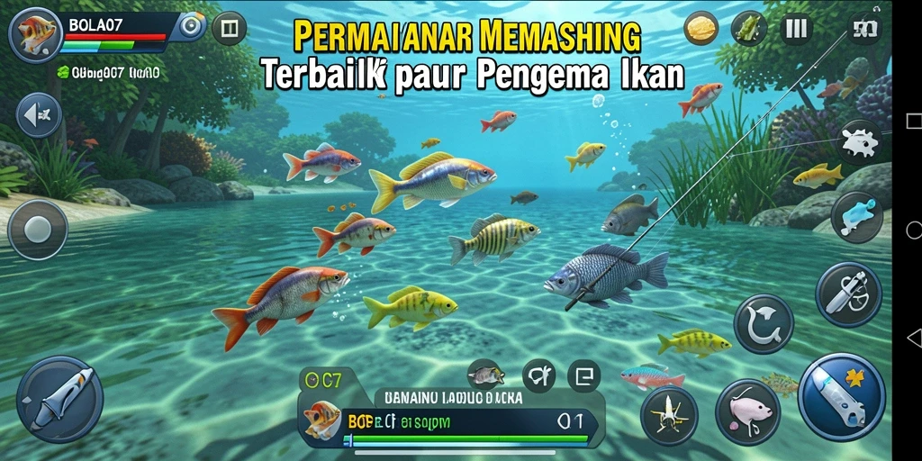 Screenshot gameplay BOLA07 menampilkan keseruan memancing di berbagai lokasi.