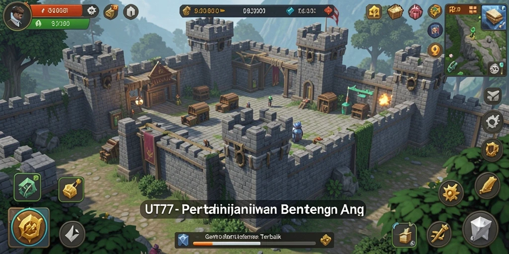Screenshot gameplay UT77 menunjukkan menara dan musuh dalam pertempuran seru.